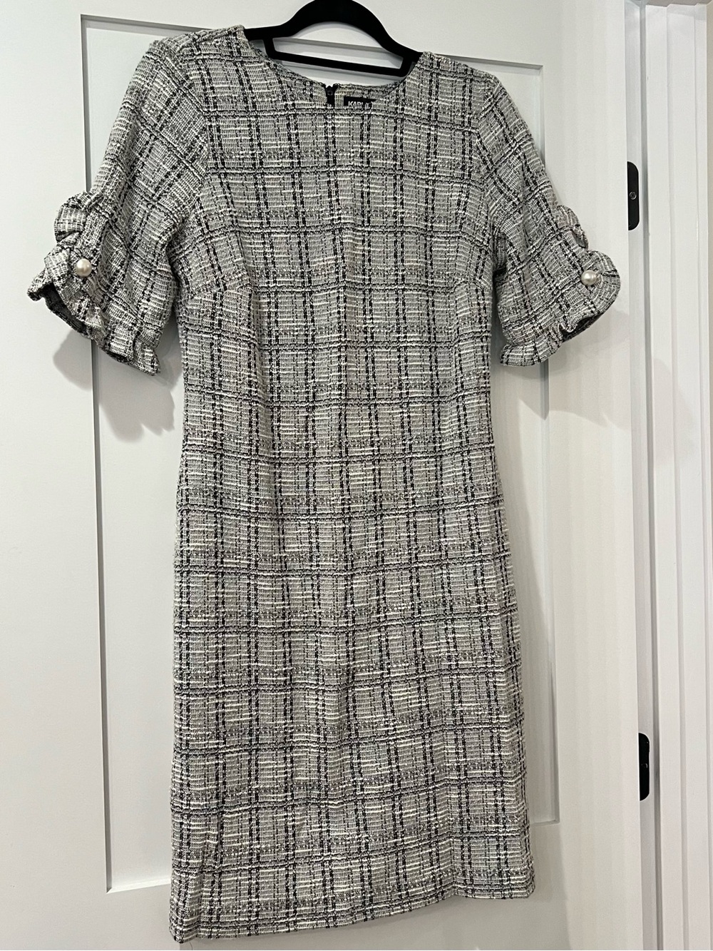 Karl Lagerfeld Black and White Tweed Midi Dress with Pearl-Button Sleeves